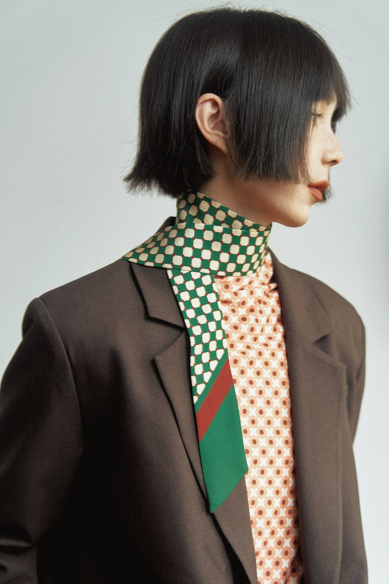 "Checkerboard" Silk Twill Skinny Scarf