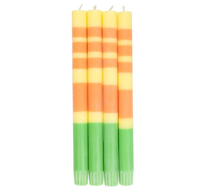 BRITISH COLOUR STANDARD - 25cm / 10'' H  - STRIPED Grass, Primrose & Saffron Pack Eco Dinner Candles, Gift Box of 4