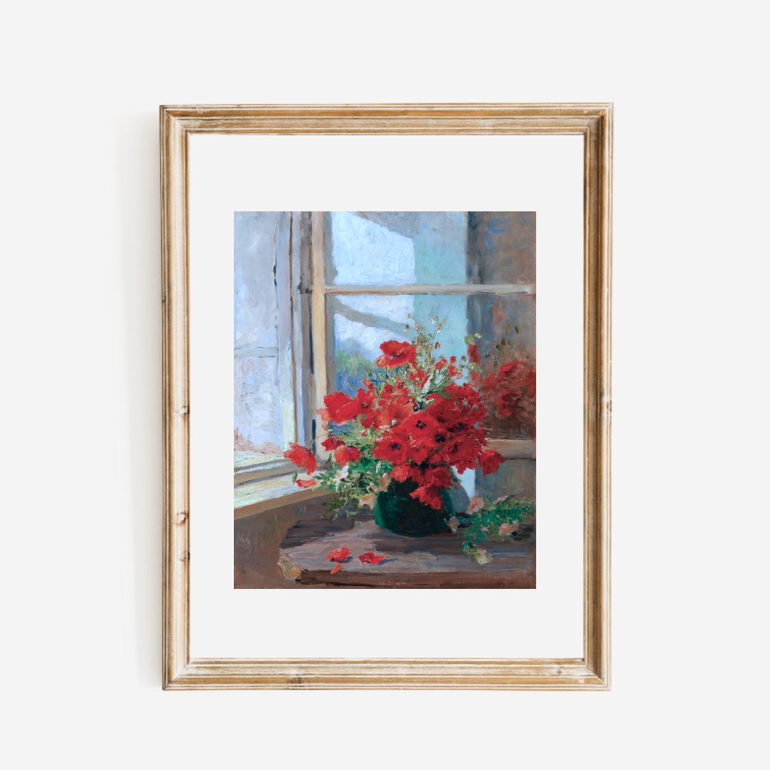 Poppies by the Window Antique Art Print