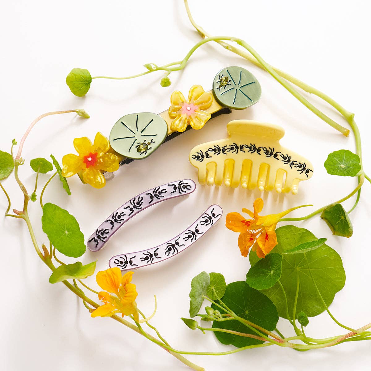 Jeweled Nasturtium French Barrette - Flower Beetle Hair Clip
