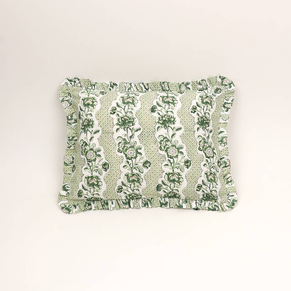 Blooming Trellis Block Printed Ruffled Pillow