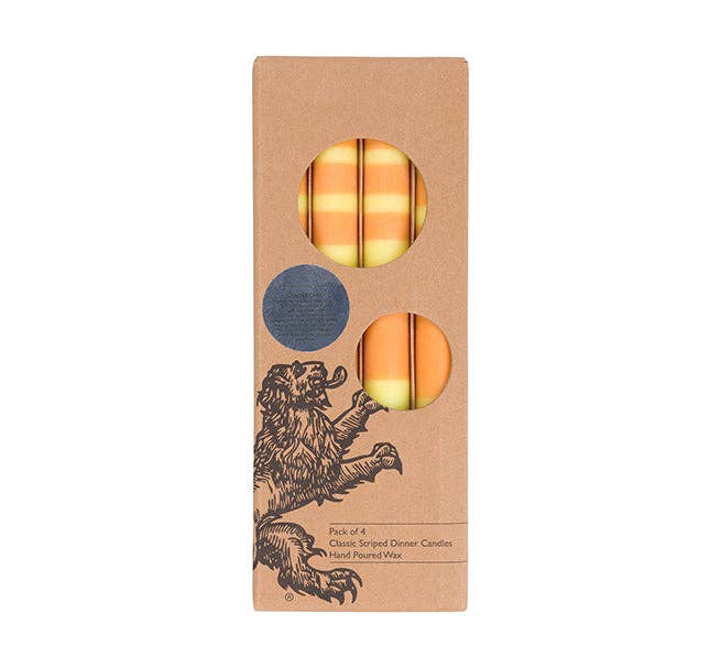 BRITISH COLOUR STANDARD - 25cm / 10'' H  - STRIPED Grass, Primrose & Saffron Pack Eco Dinner Candles, Gift Box of 4