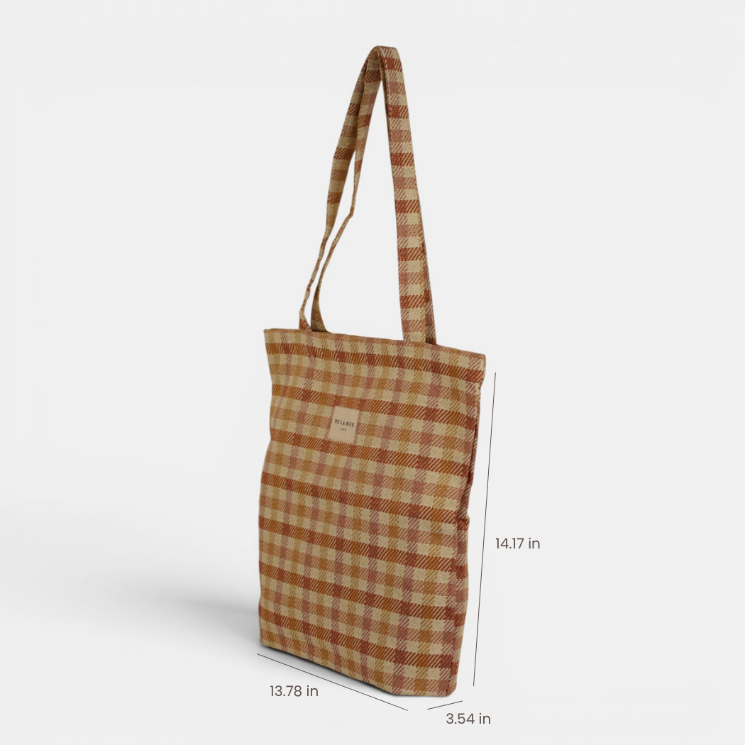 Gingham Jacquard Medium Zippered Tote Bag – Terracotta & Orange (Zia)