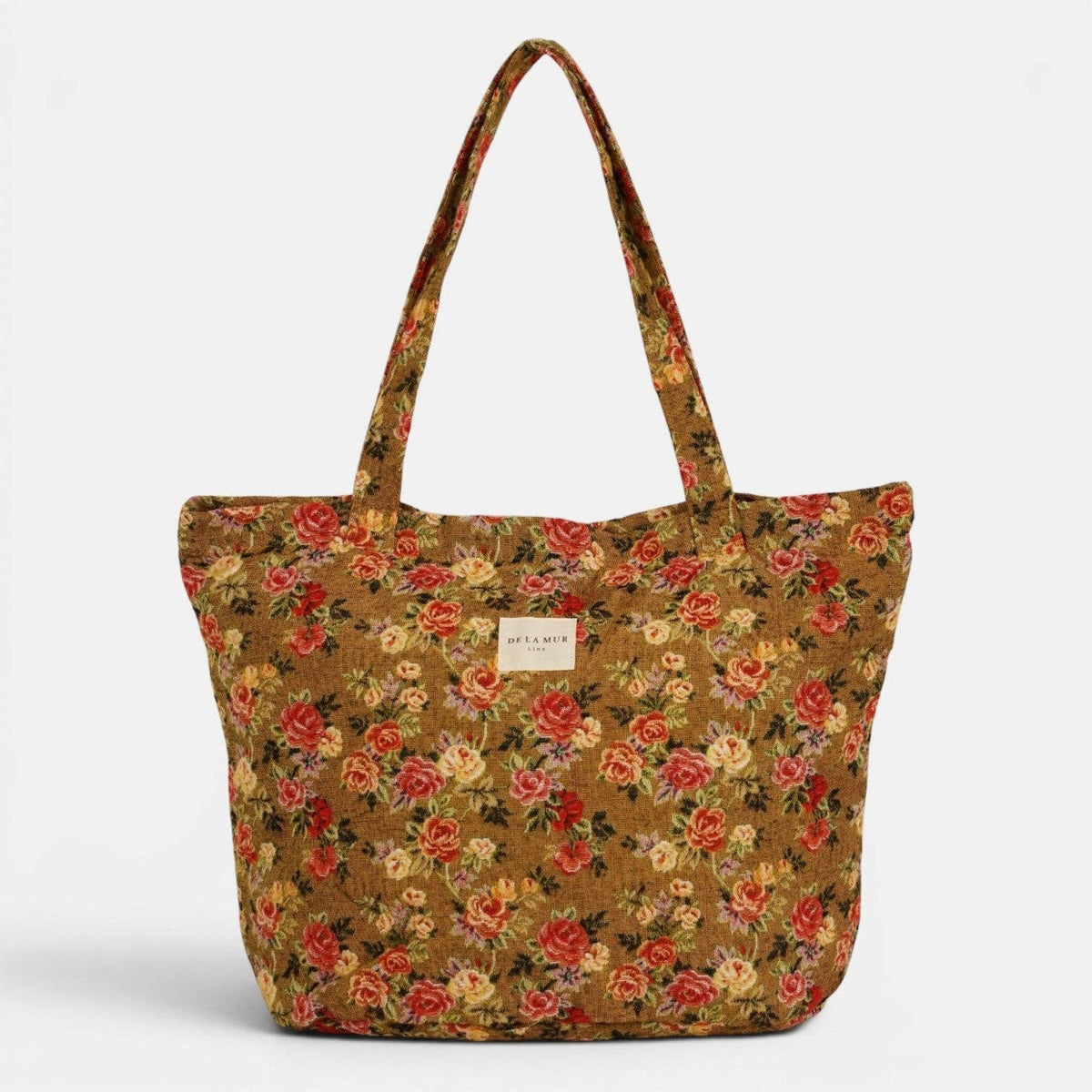 Floral Jacquard Large Zippered Tote Bag – Mustard & Red (Esme)