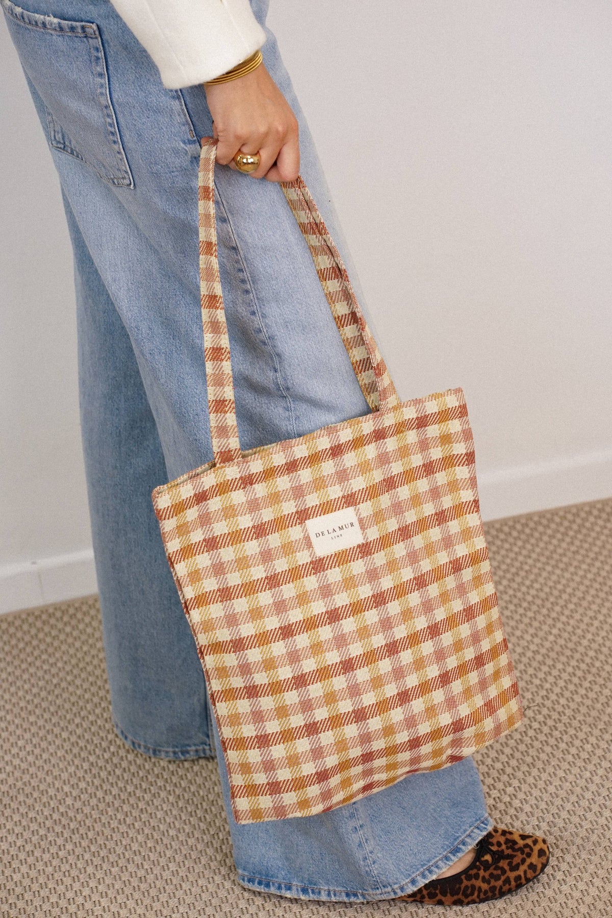 Gingham Jacquard Medium Zippered Tote Bag – Terracotta & Orange (Zia)
