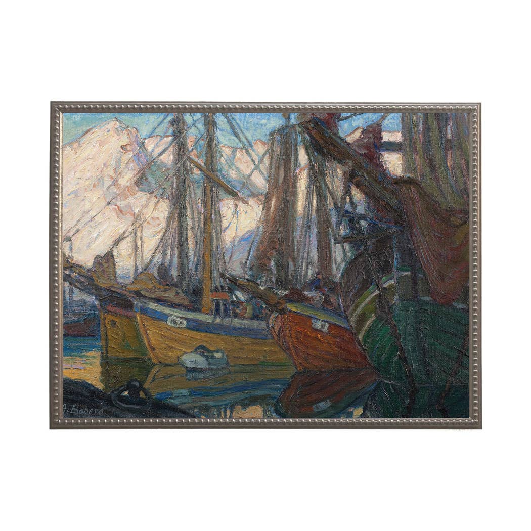 Vintage oil painting of multicolored ships