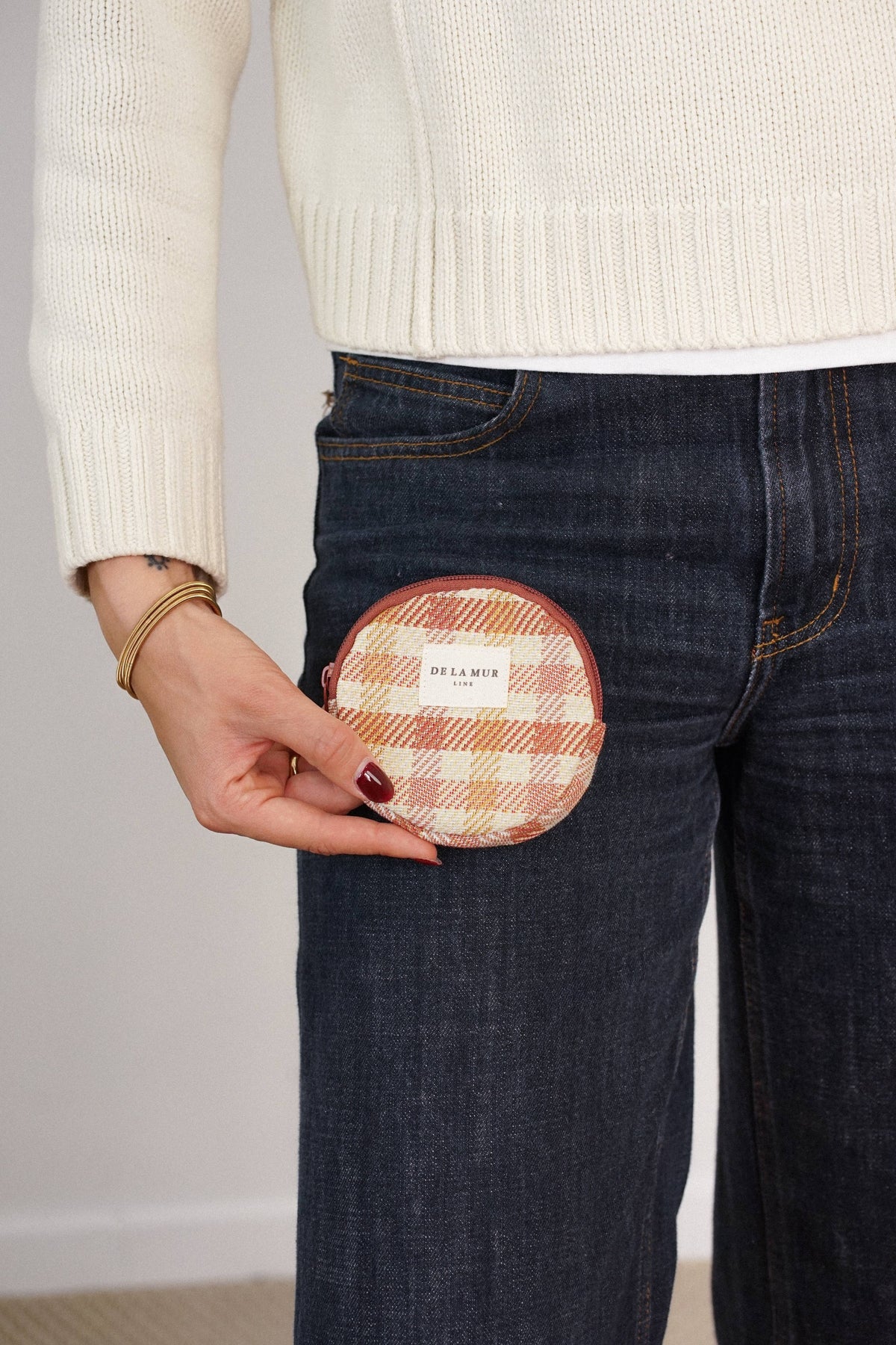 Gingham Jacquard Round Coin Purse – Terracotta & Orange (Zia)