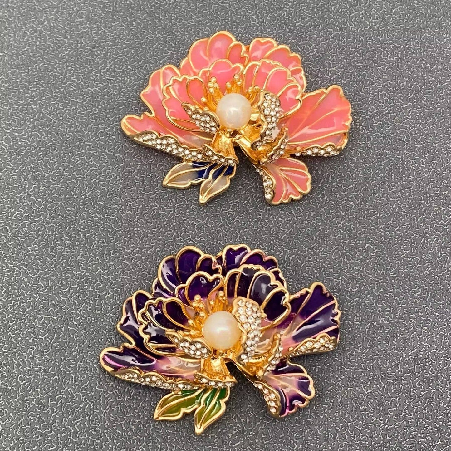 Rhinestone Enamel Peony Flower Brooch