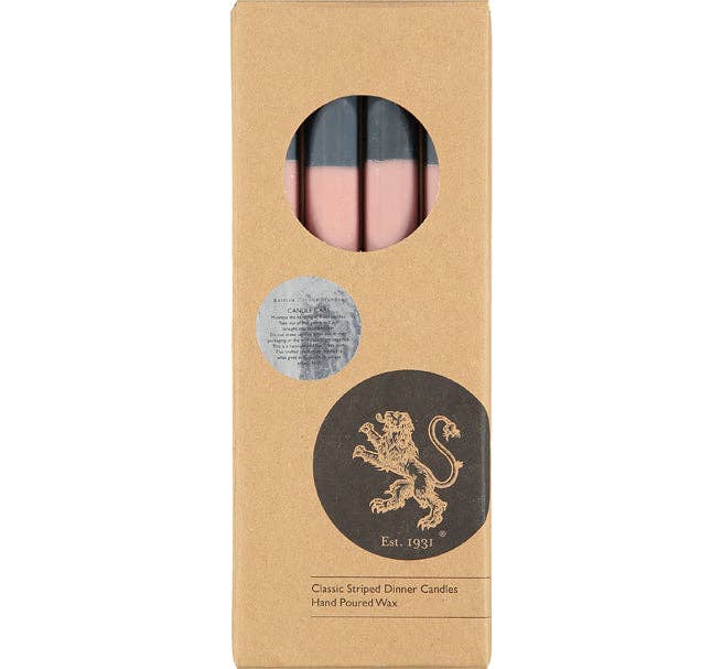 BRITISH COLOUR STANDARD - 25cm / 10'' H ABSTRACT Striped Old Rose, Pompadour & Indigo Eco Dinner Candles, Gift Box of 4