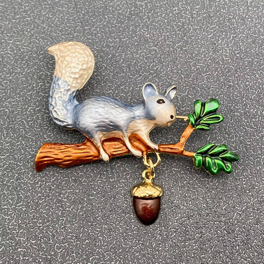 Enamel Squirrel Picking Nut Brooch