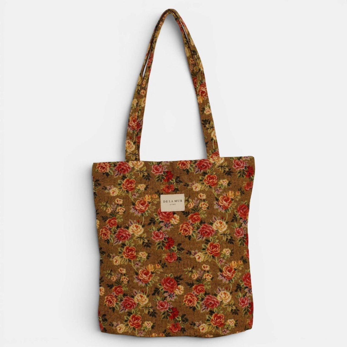 Floral Jacquard Medium Zippered Tote Bag – Mustard & Red (Esme)