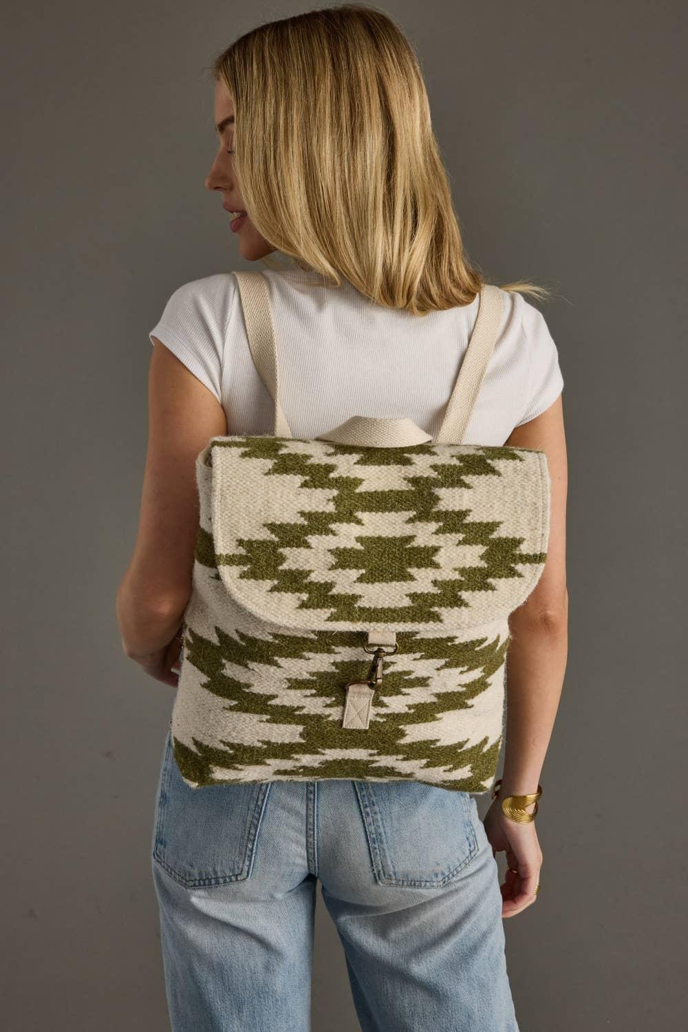Woven Wool & Cotton Backpack - Cream & Olive