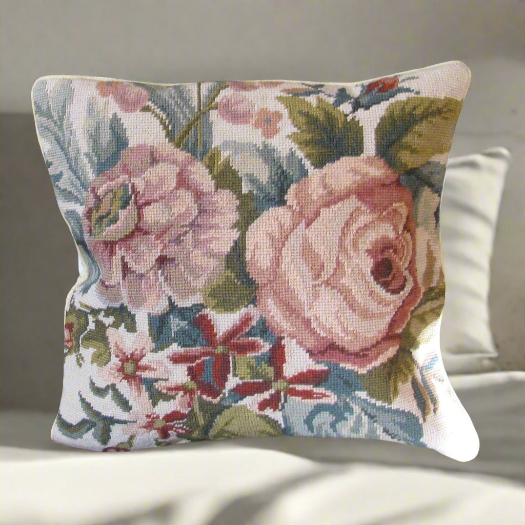 Wool Needlepoint Victorian Roses hand stitched Pillow Cover