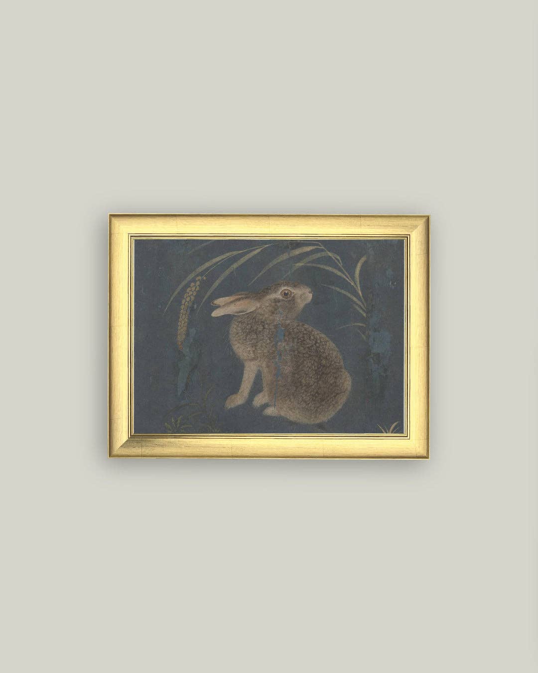 Brown Rabbit on Navy Framed Antique Art
