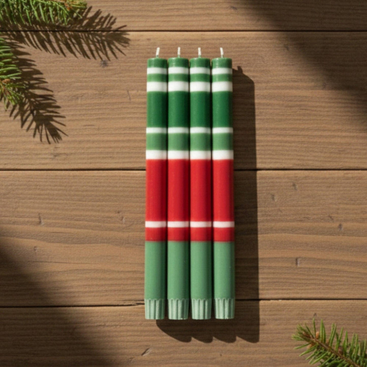 BRITISH COLOUR STANDARD - 25cm / 10'' H  - STRIPED Holiday Set -  Oriental Red, Emerald and Pearl White Eco Dinner Candles, Gift Box of 4