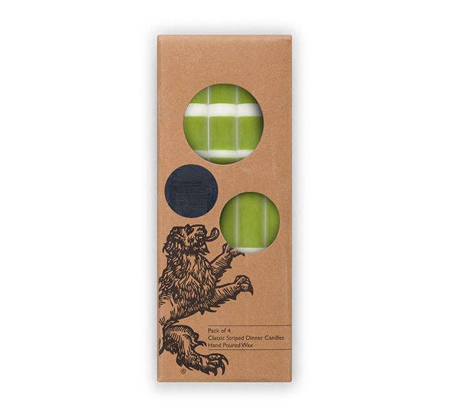 BRITISH COLOUR STANDARD - 25cm / 10'' H  - Striped  - Eco Dinner Pistachio Green and Pearl Candles, Gift Box of 4