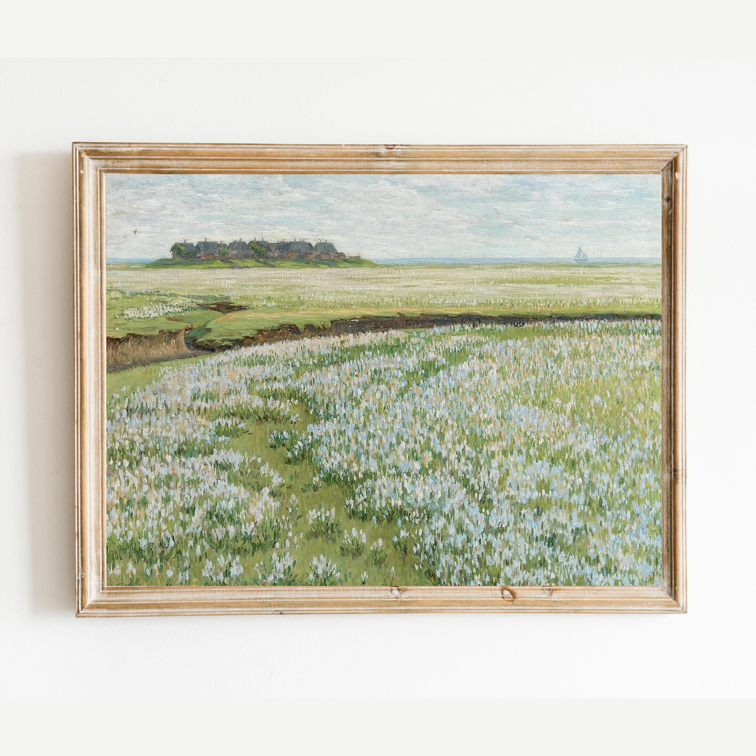 Fields with Ship in the Distance Antique Art Print