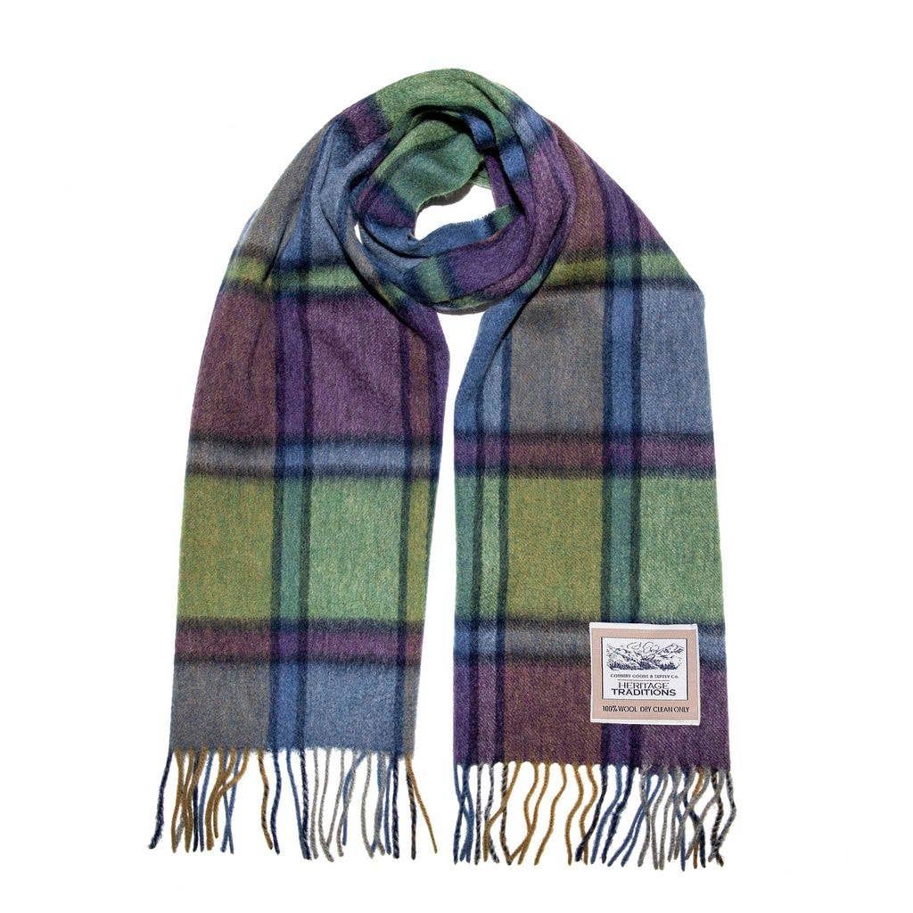 Pure Wool Tartan Check Scarf: Country Purple and Tan