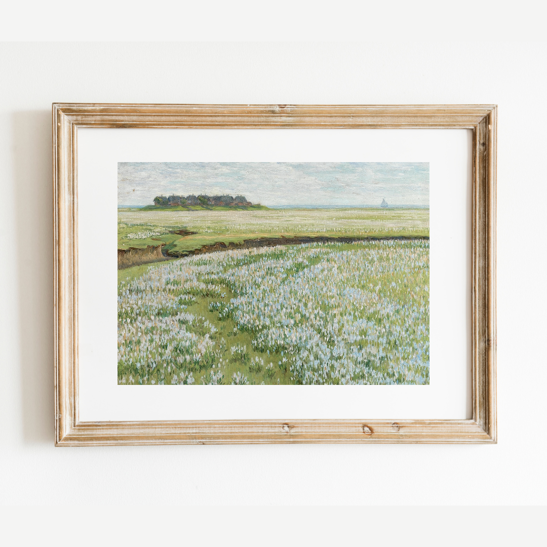 Fields with Ship in the Distance Antique Art Print