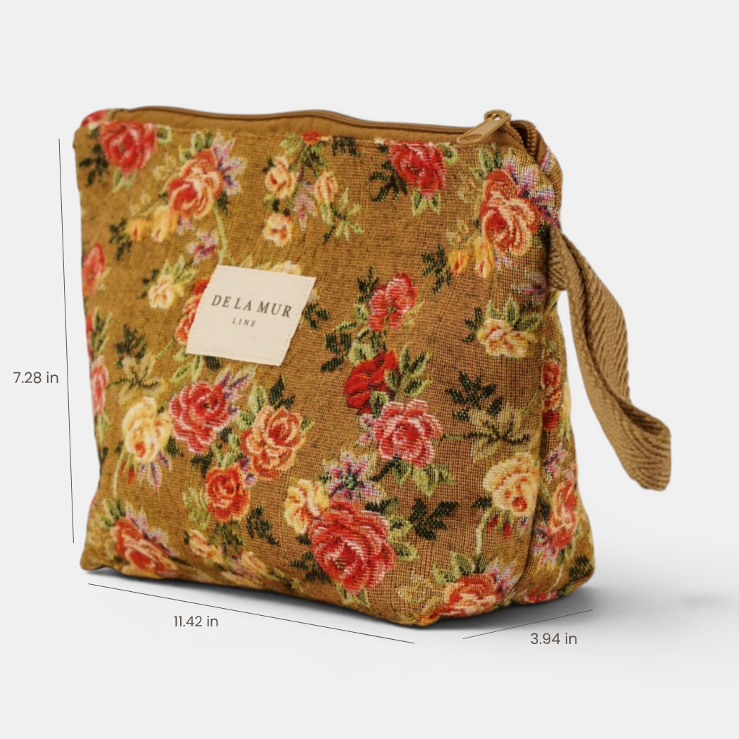 Floral Jacquard Large Makeup Bag – Mustard & Red (Esme)
