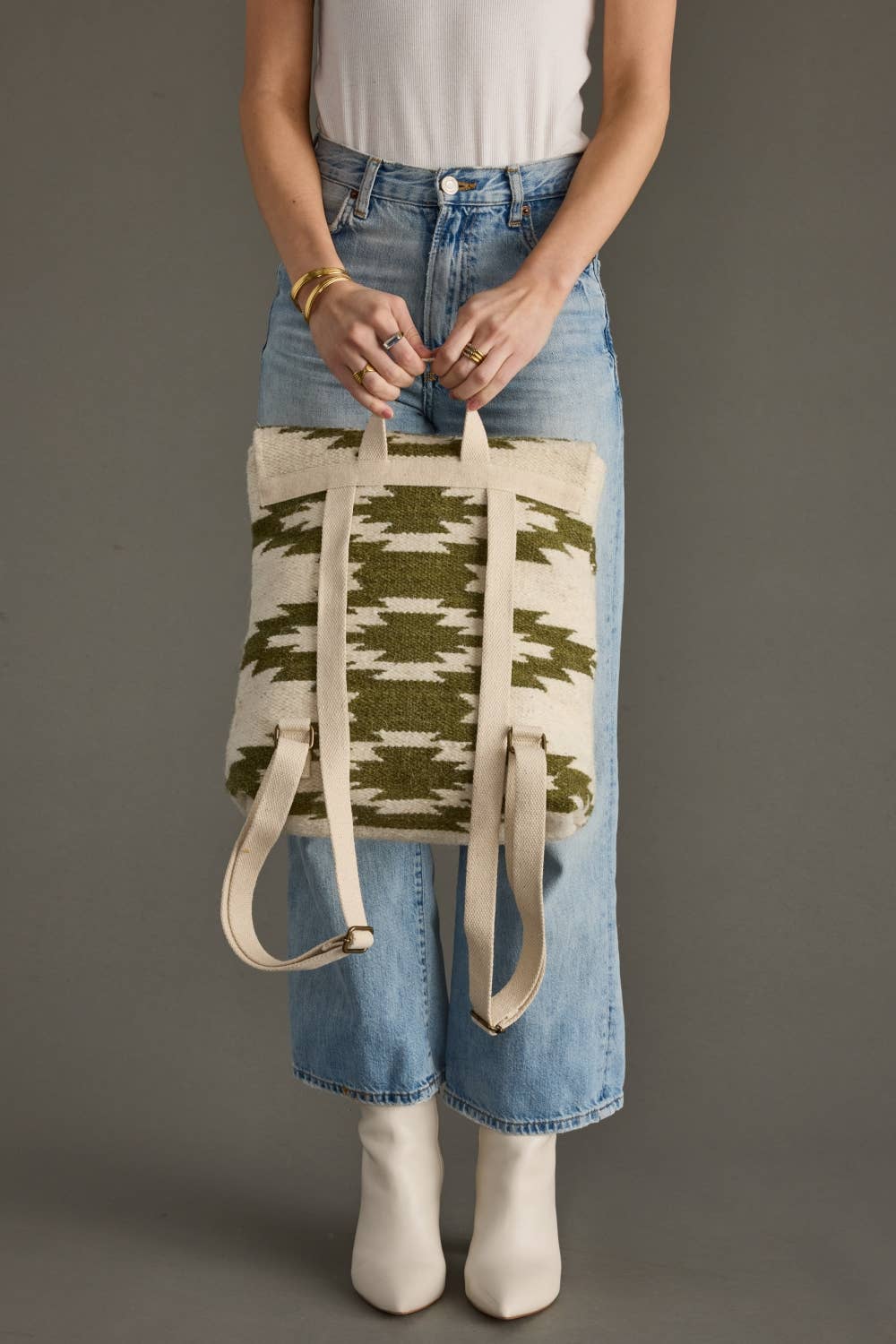 Woven Wool & Cotton Backpack - Cream & Olive