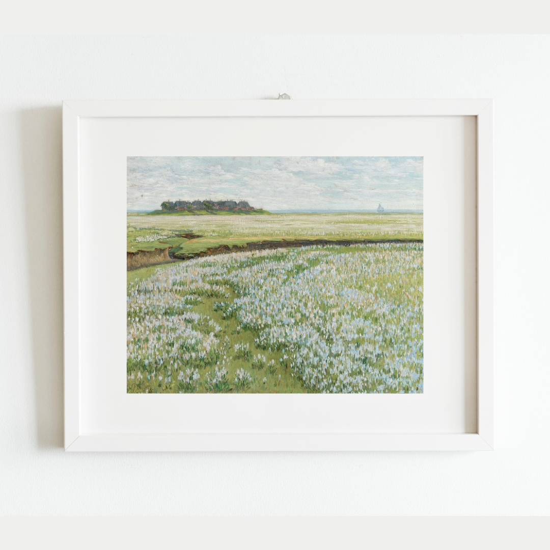 Fields with Ship in the Distance Antique Art Print