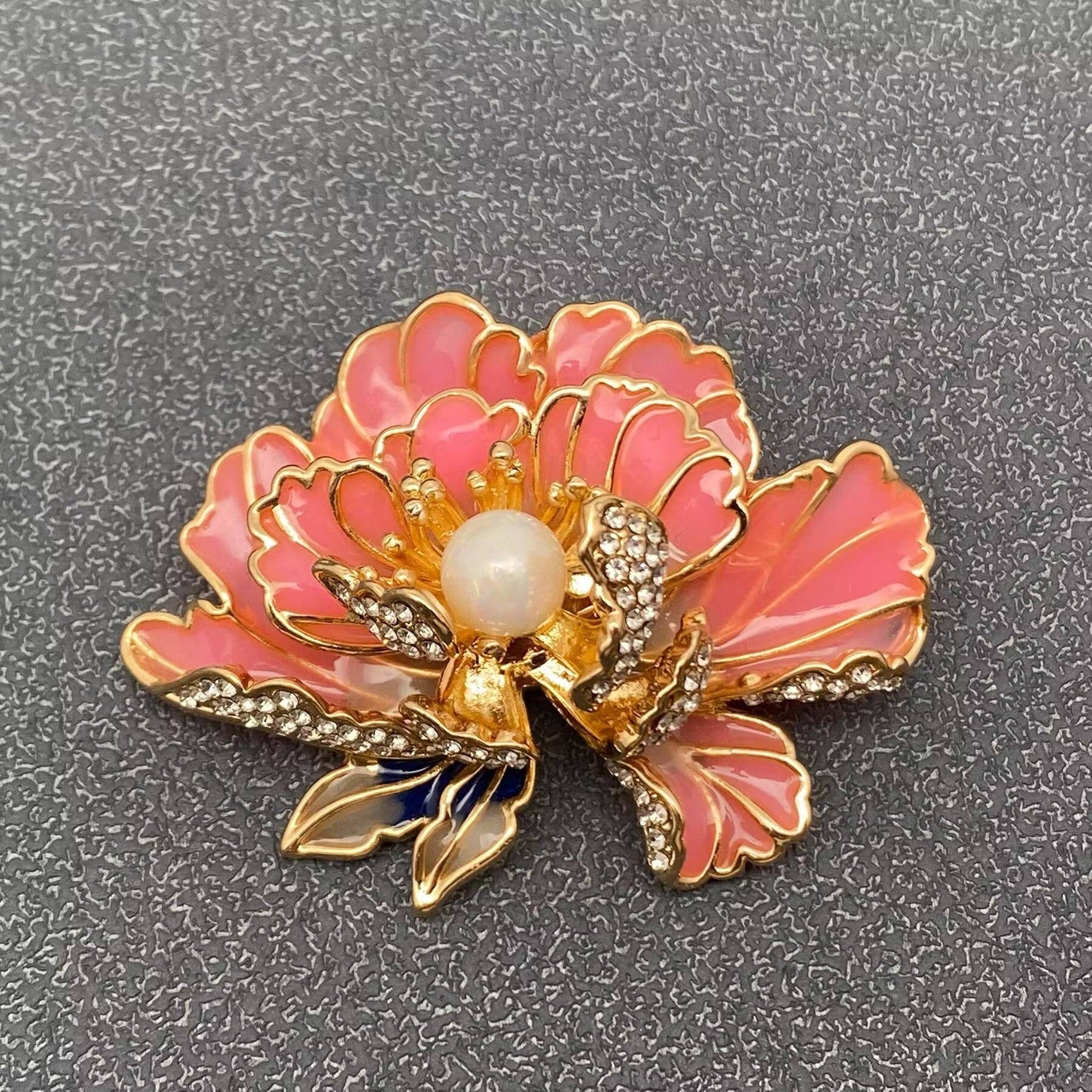 Rhinestone Enamel Peony Flower Brooch