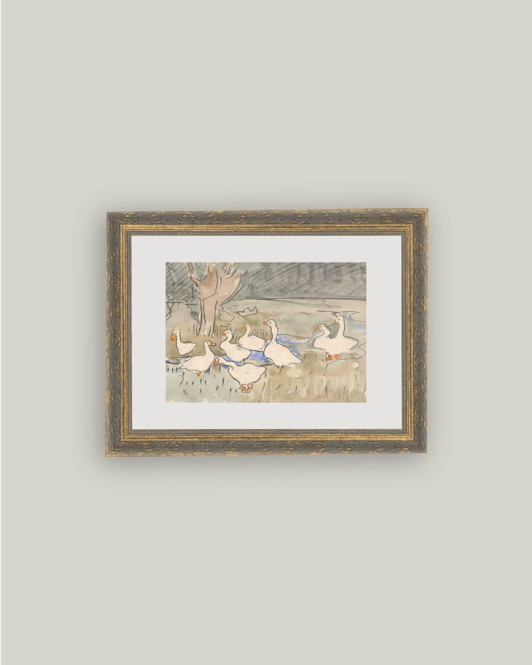 Geese Pond Framed Antique Art