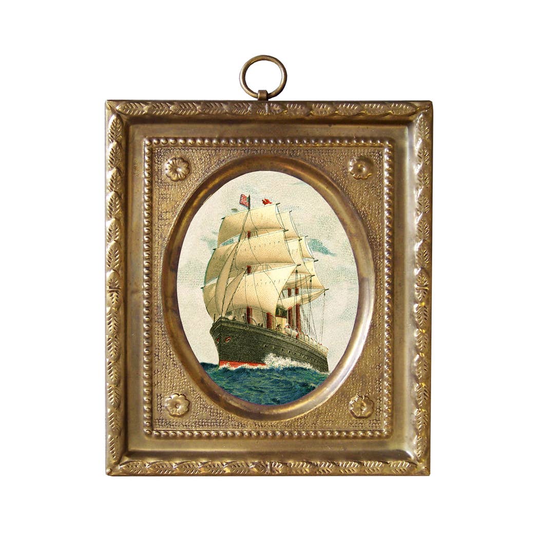 Sailing Ship Vintage Print in Embossed Brass Frame, 4-1/2”
