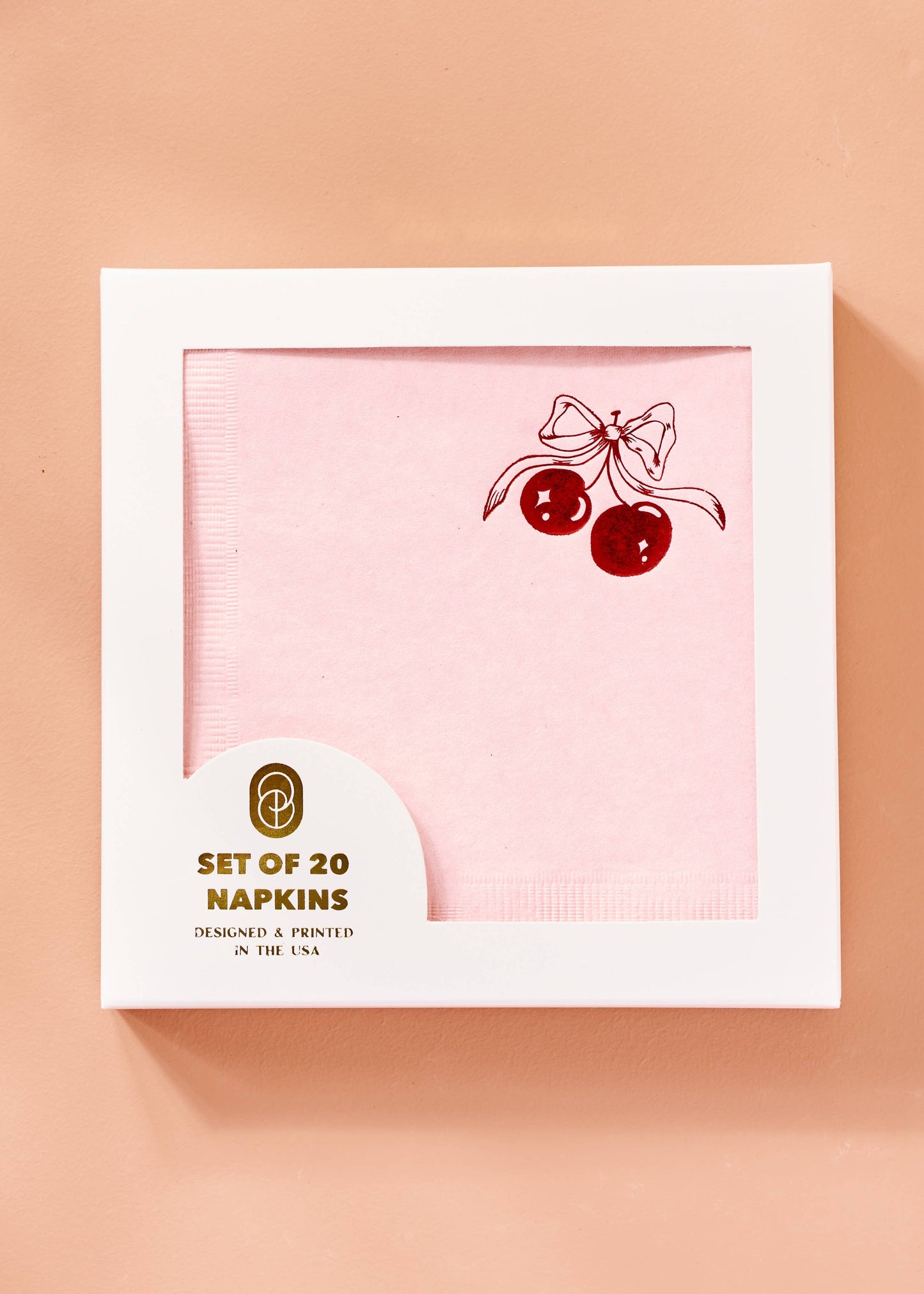 Red Cherries with Bow On Pink Napkin - Set of 20