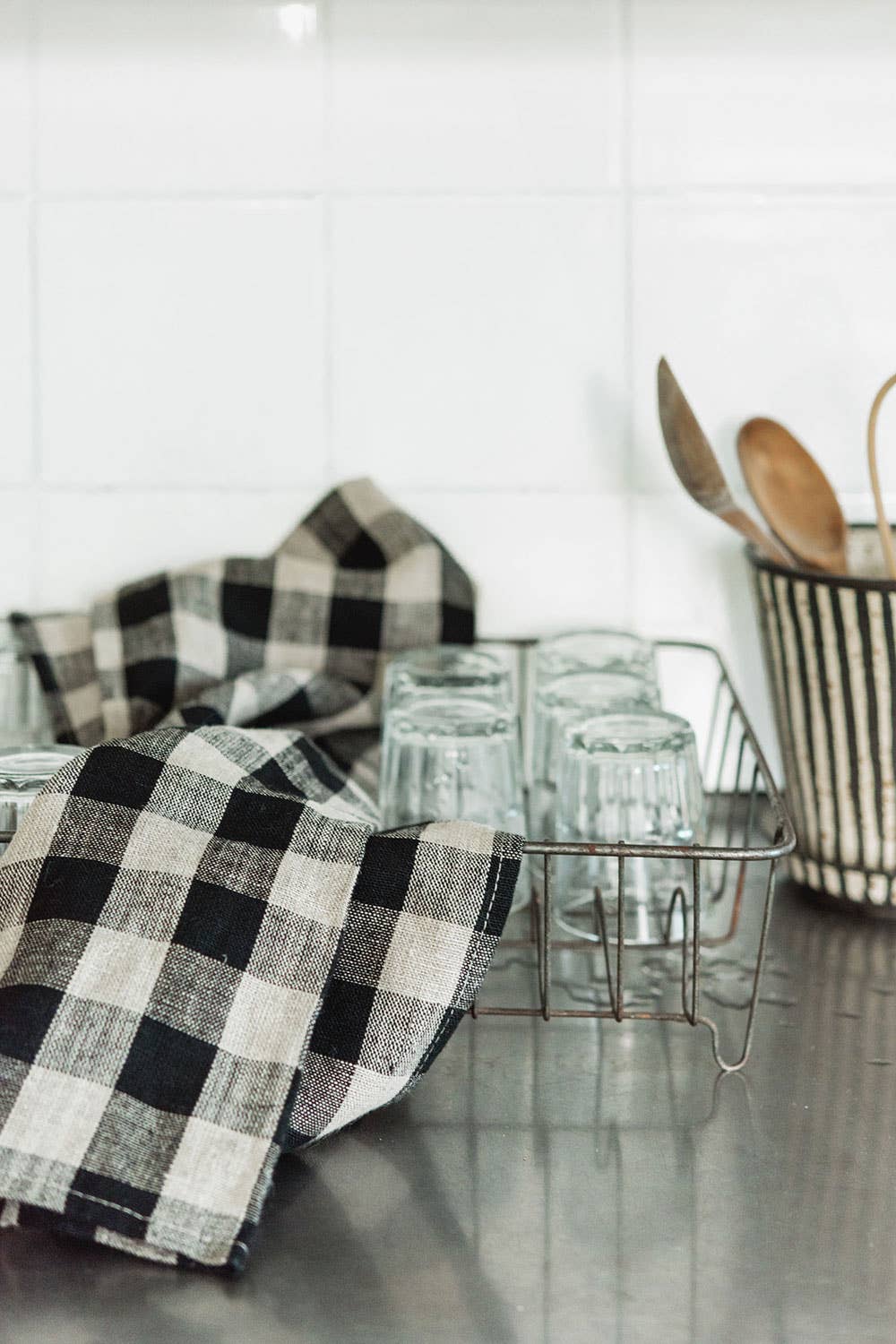 Thick Linen Kitchen Cloth Black Natural Check: Black Natural