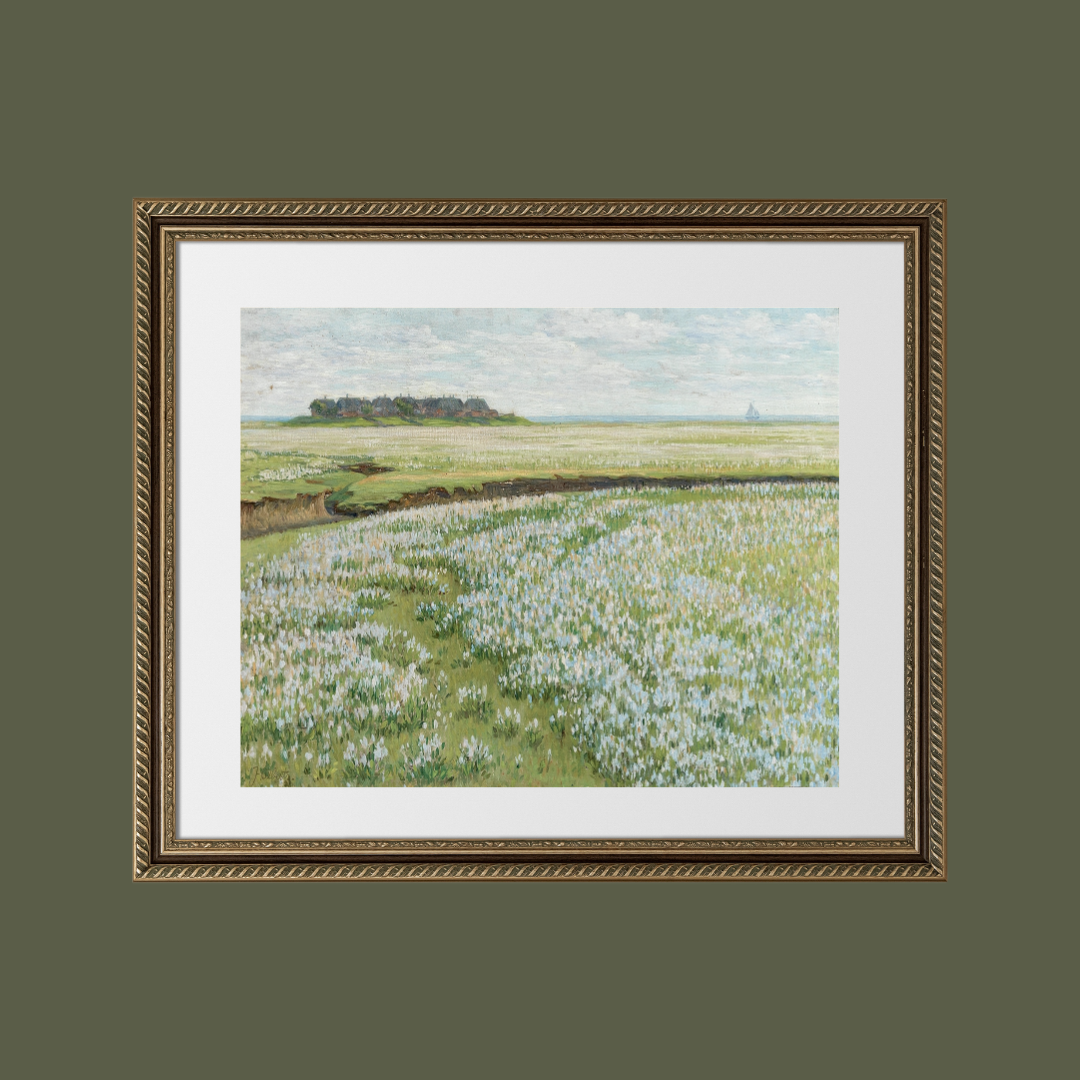 Fields with Ship in the Distance Antique Art Print