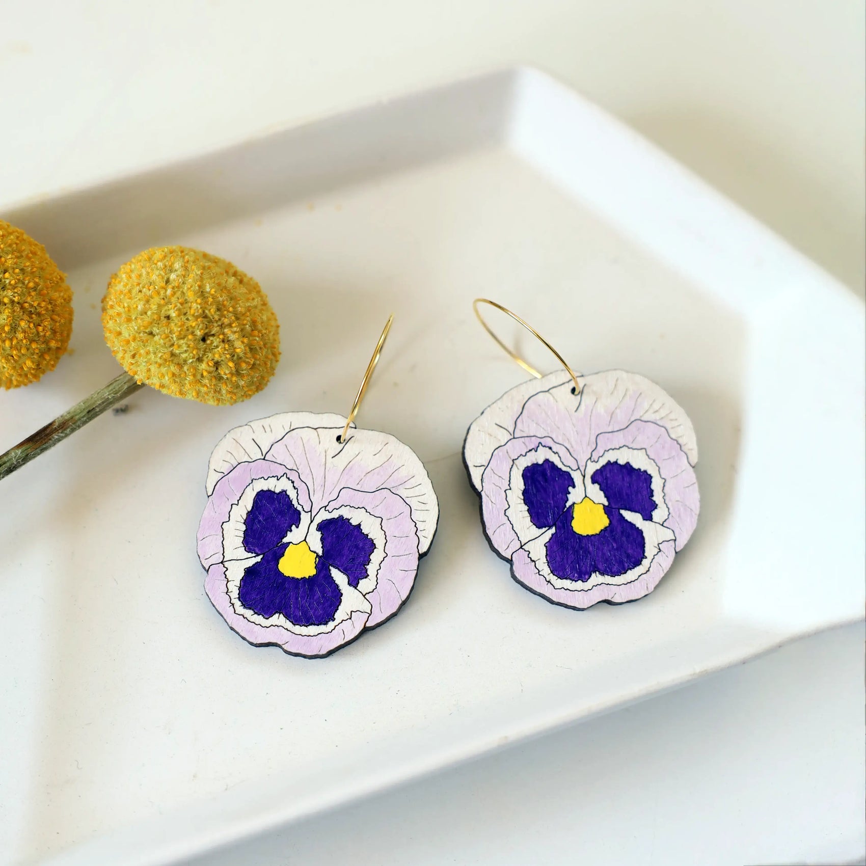 Purple Pansy Flower Hoop Earrings