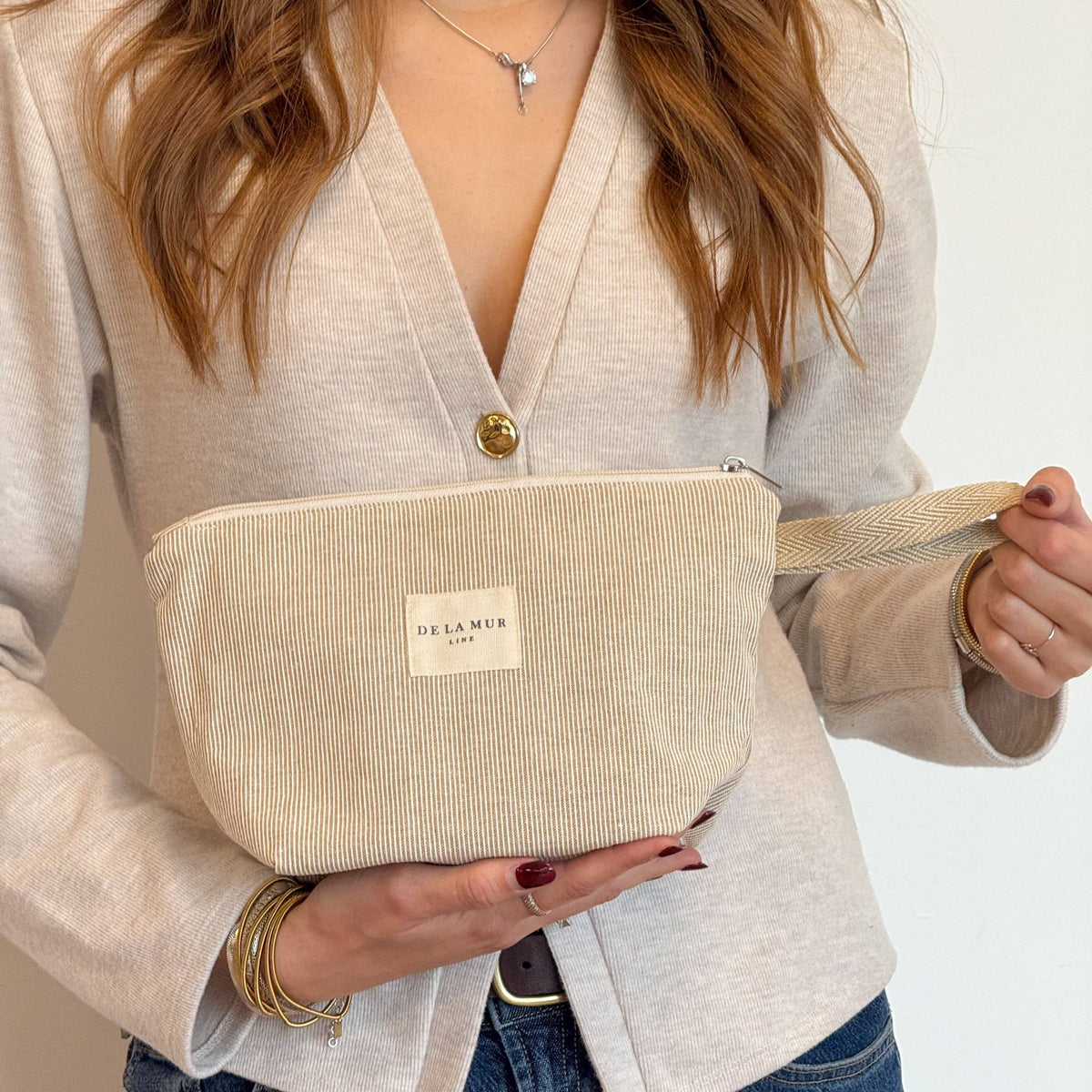 Striped Jacquard Large Makeup Bag – Olive & Cream (Foz)
