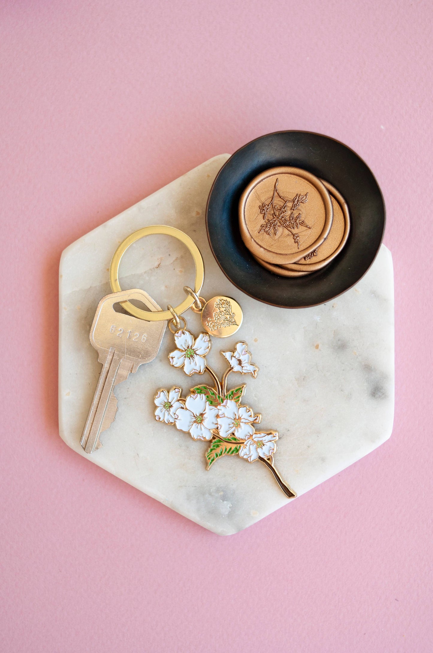 White Dogwoods Gold Soft Enamel Key Chain