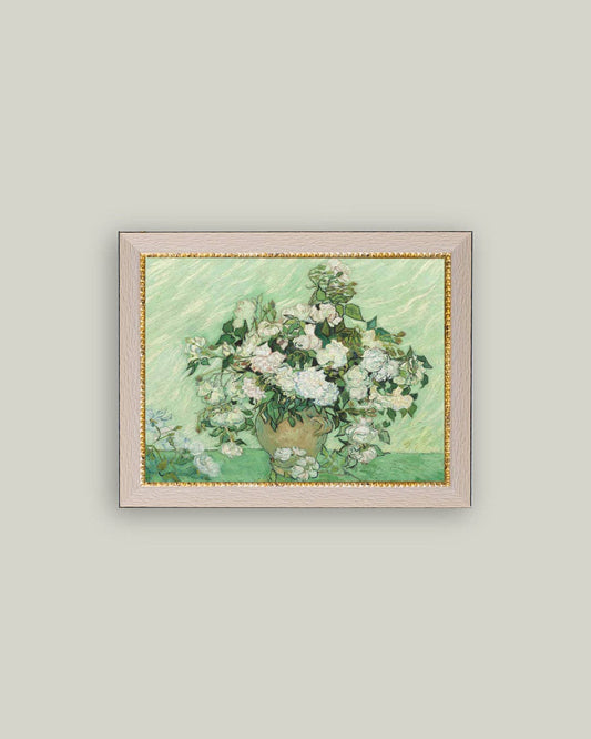 Green Roses Framed Antique Art: 15x11