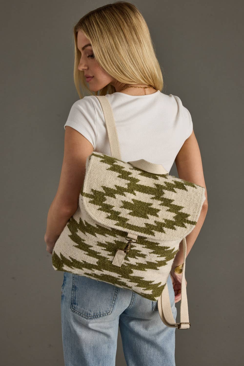 Woven Wool & Cotton Backpack - Cream & Olive