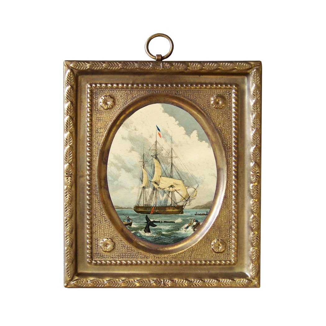 Whaling Ship Vintage Print in Embossed Brass Frame, 4-1/2”