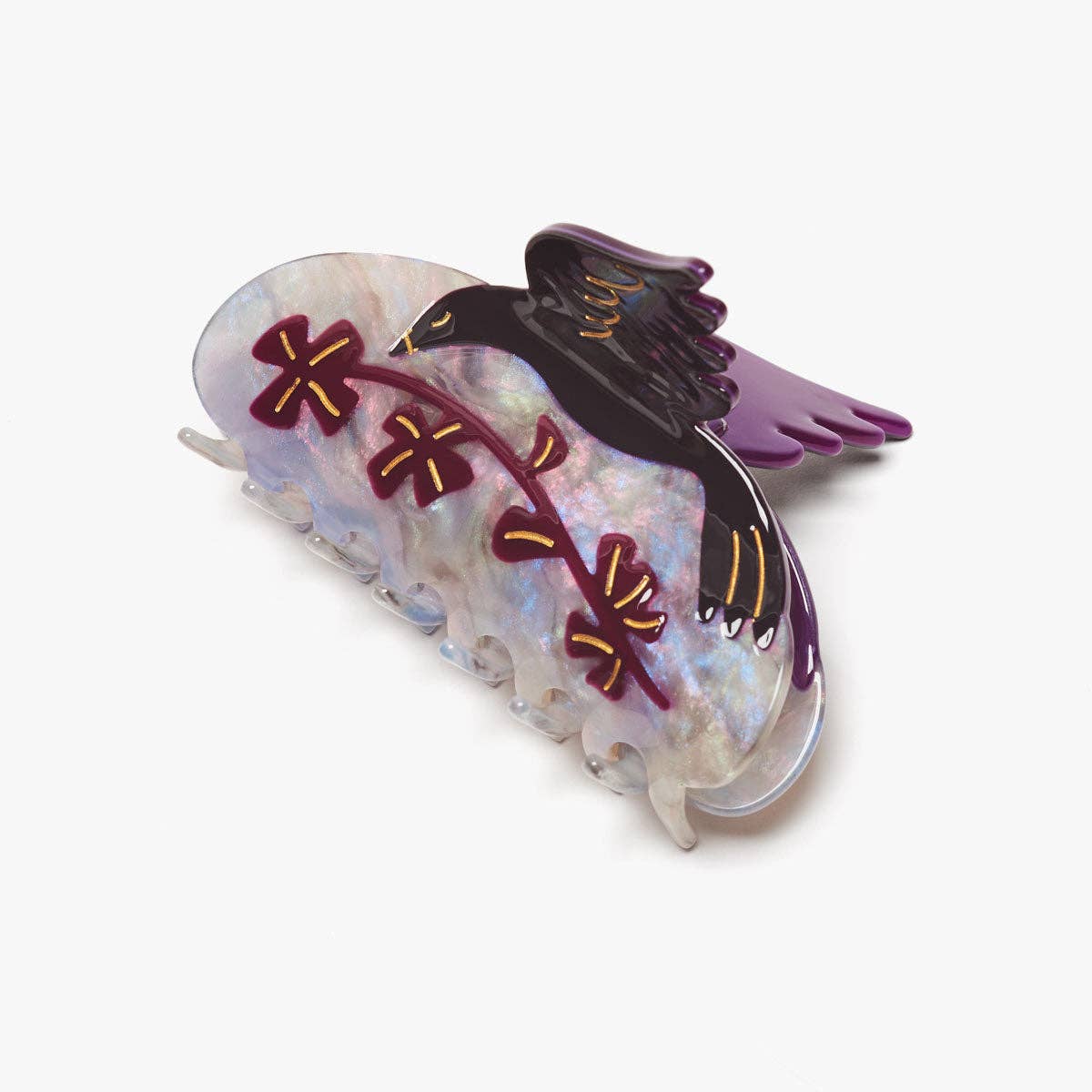 Oxalis Purple Clovers and Black Bird Opal Acetate Hair Claw