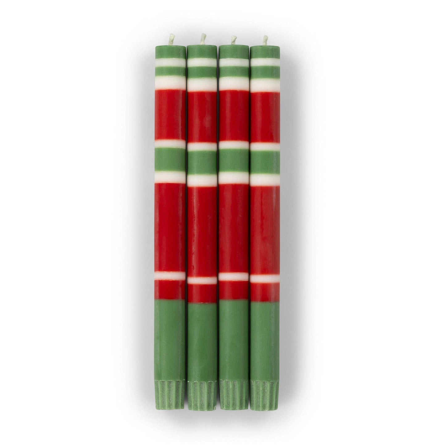 BRITISH COLOUR STANDARD - 25cm / 10'' H  - STRIPED Holiday Set -  Oriental Red, Emerald and Pearl White Eco Dinner Candles, Gift Box of 4