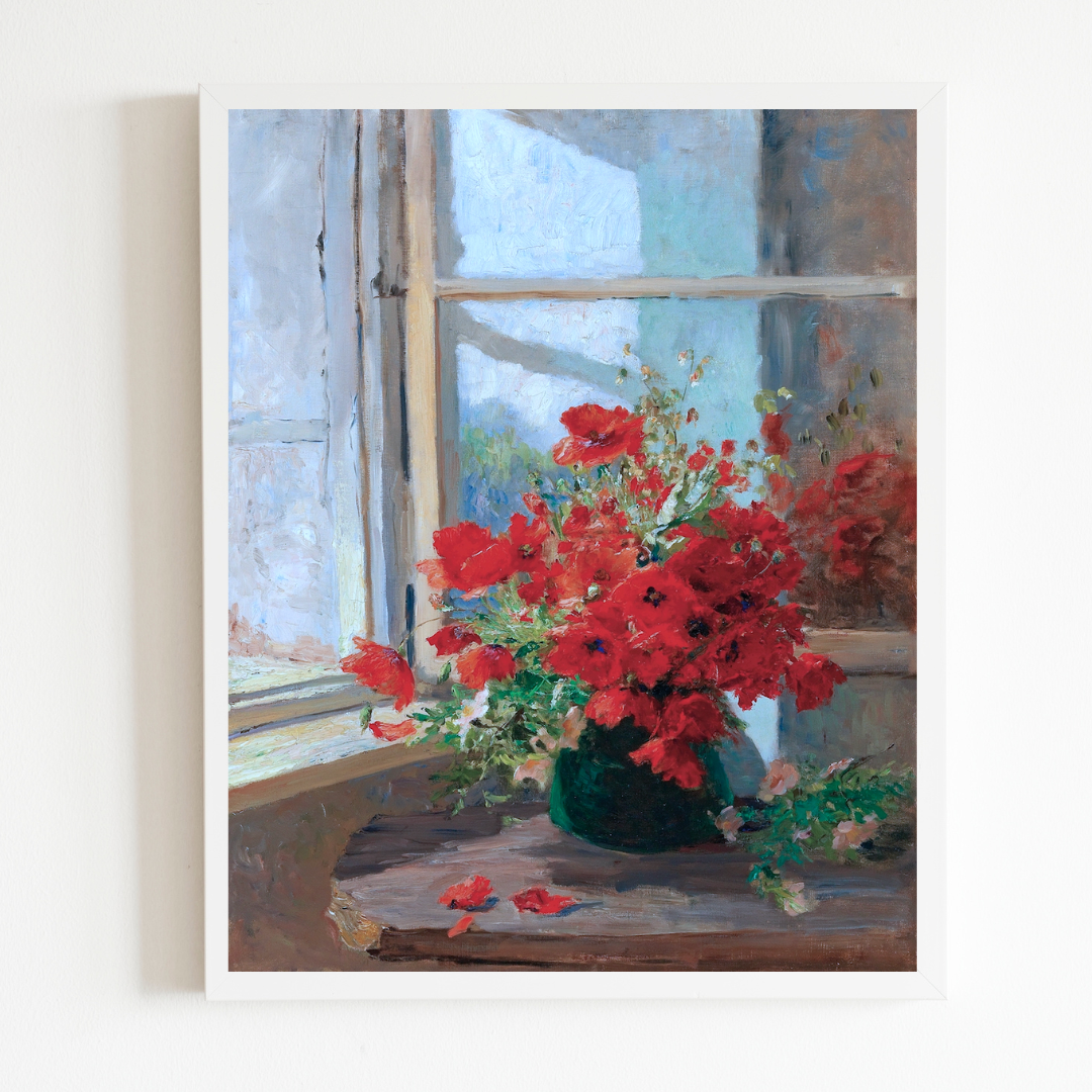 Poppies by the Window Antique Art Print