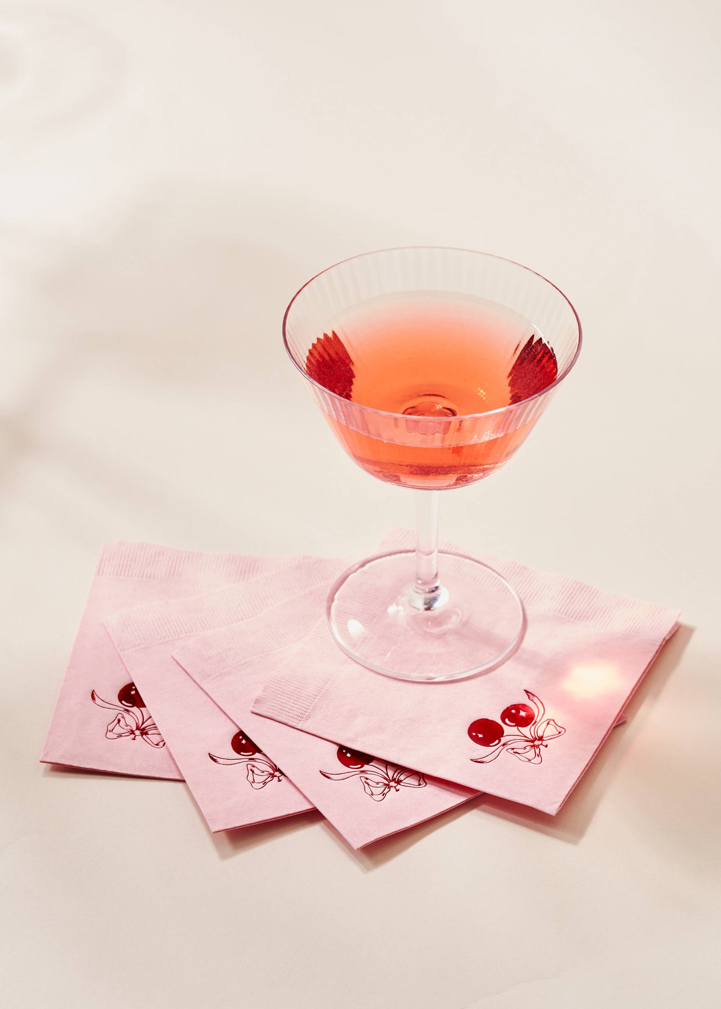 Red Cherries with Bow On Pink Napkin - Set of 20