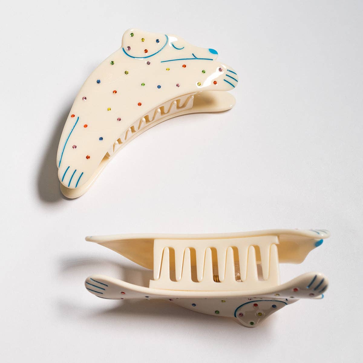 Puppy Dog Rainbow Rhinestone and Cream Acetate Hair Claw