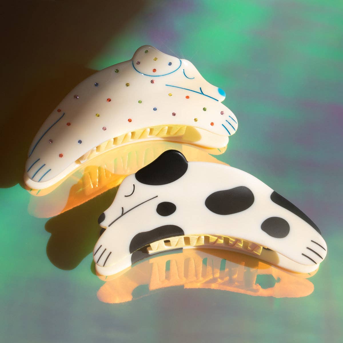 Puppy Dog Rainbow Rhinestone and Cream Acetate Hair Claw