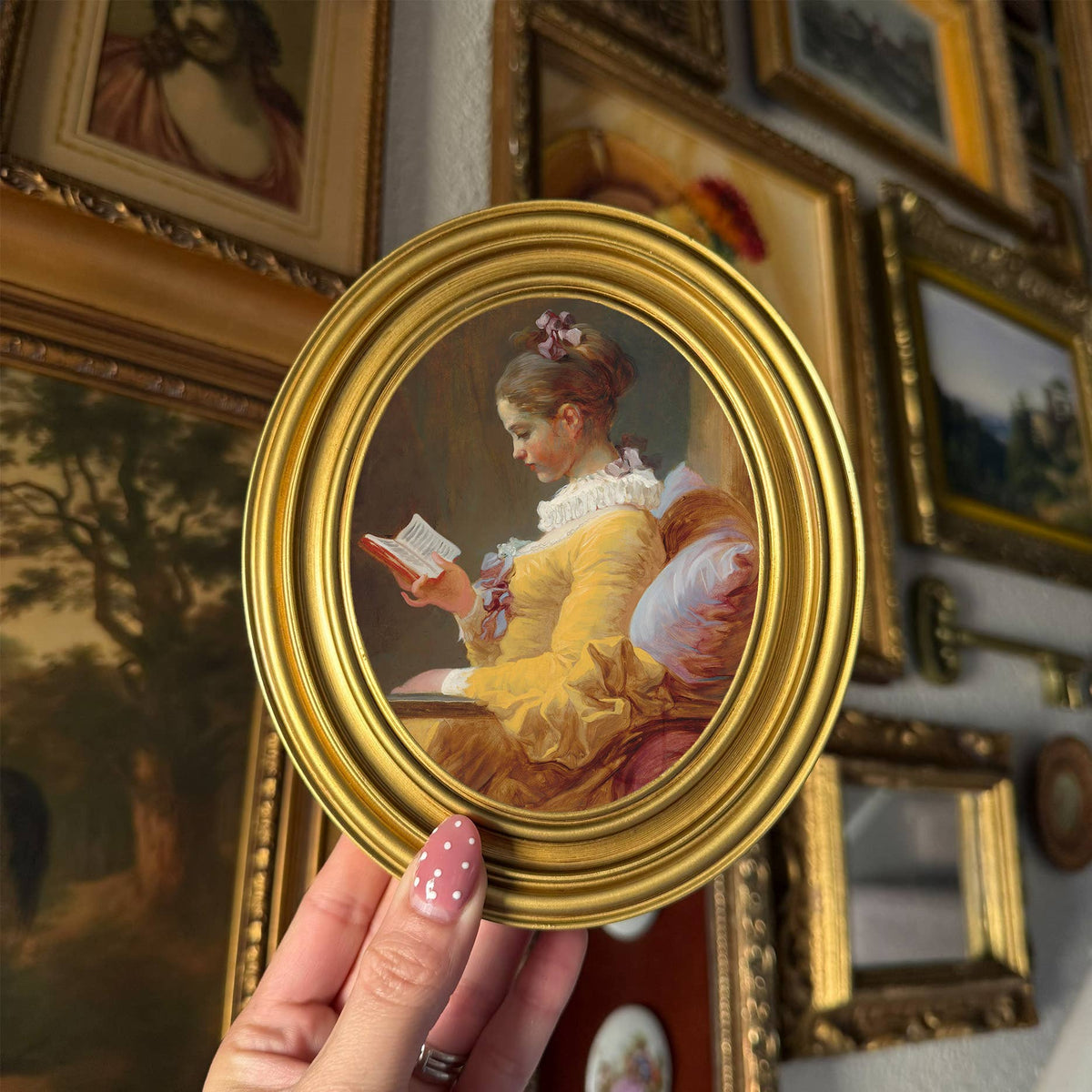 Vintage Style Girl Reading a Book Art Print Framed Oval