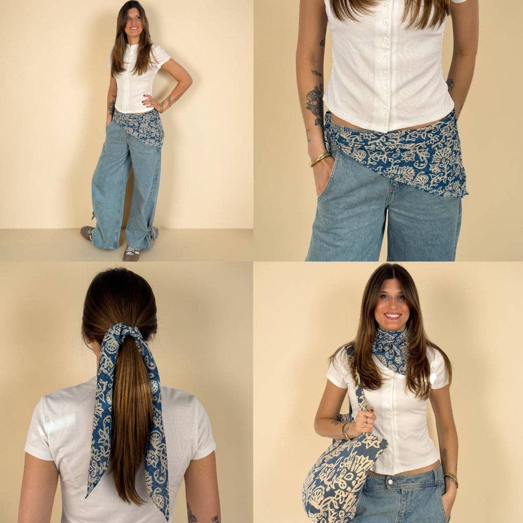 Floral Chiffon Square Scarf – Navy & Cream (Akay)