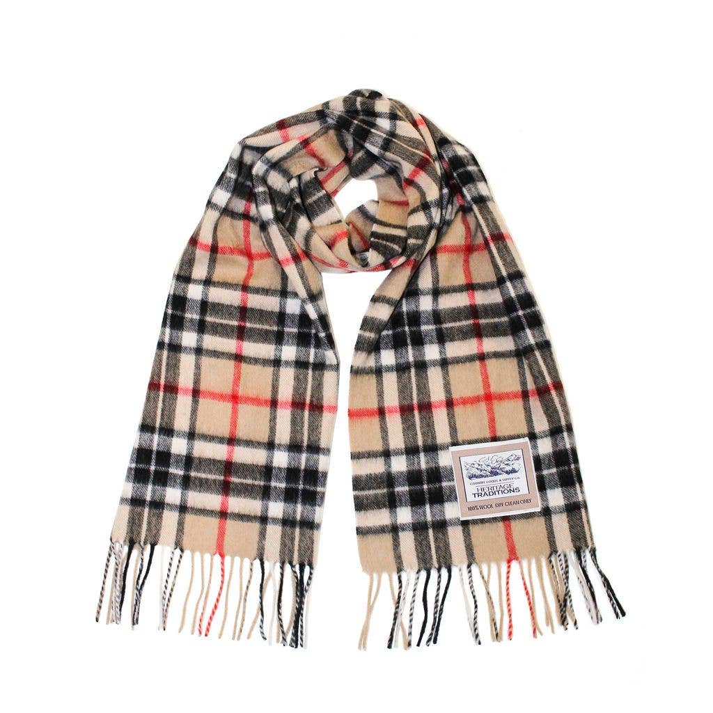 Pure Wool Tartan Check Scarf: Camel Thomson