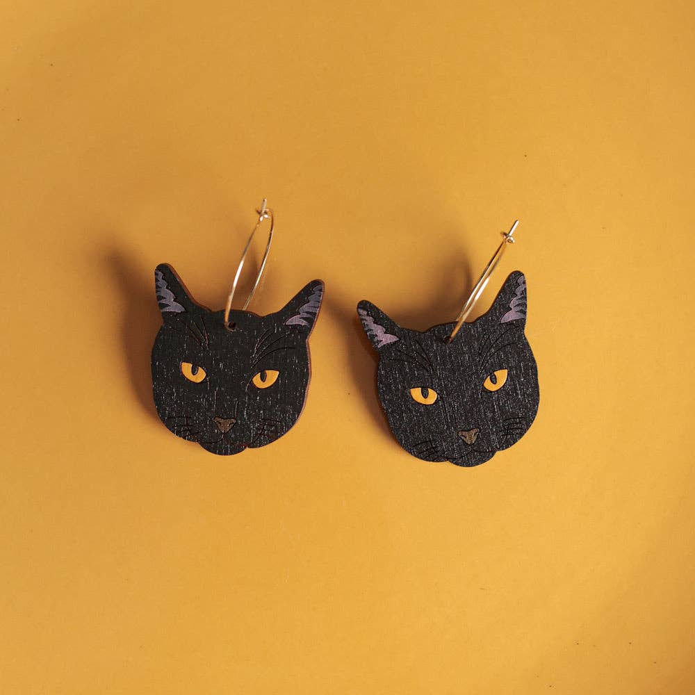 Black Cat Hoop Earrings - Halloween