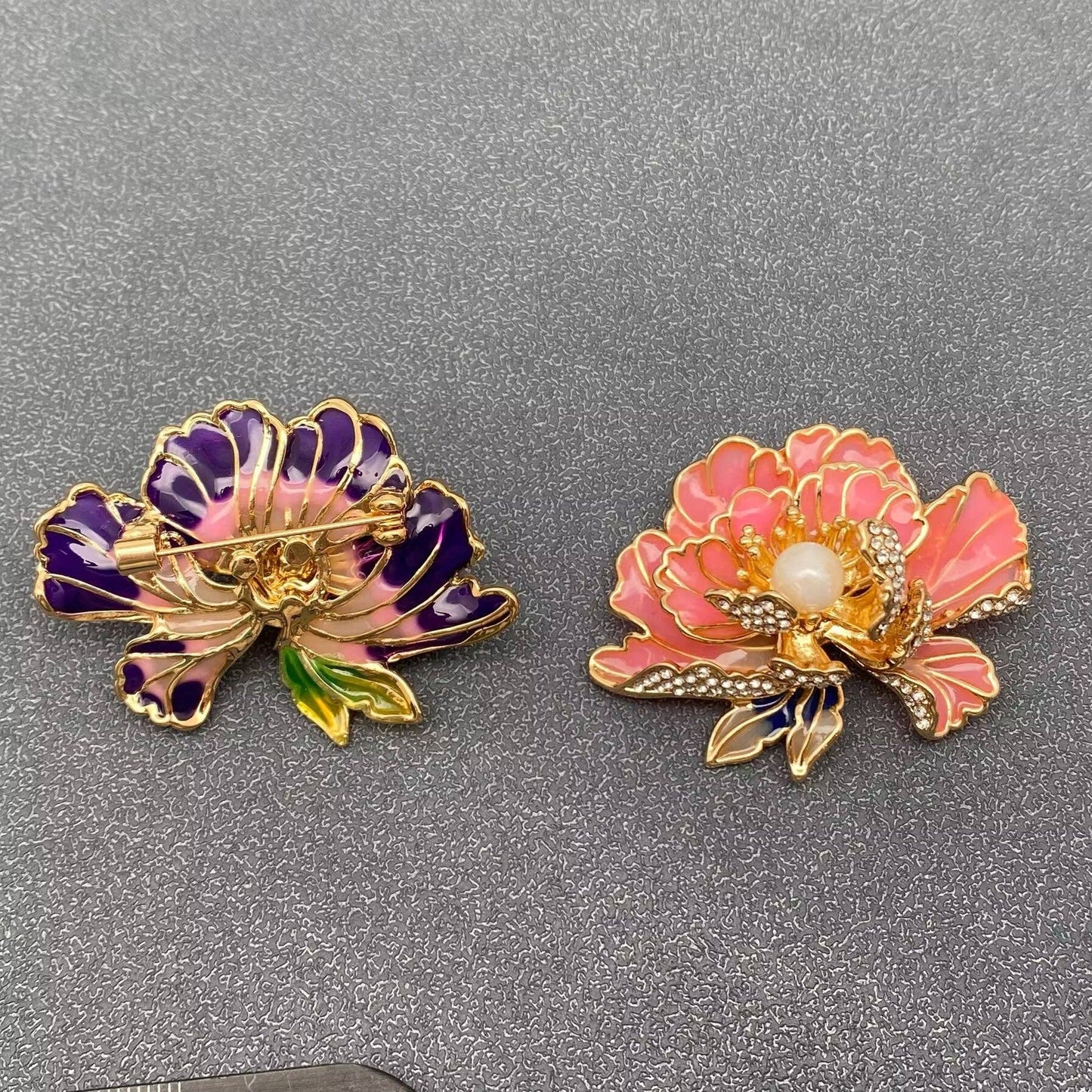Rhinestone Enamel Peony Flower Brooch