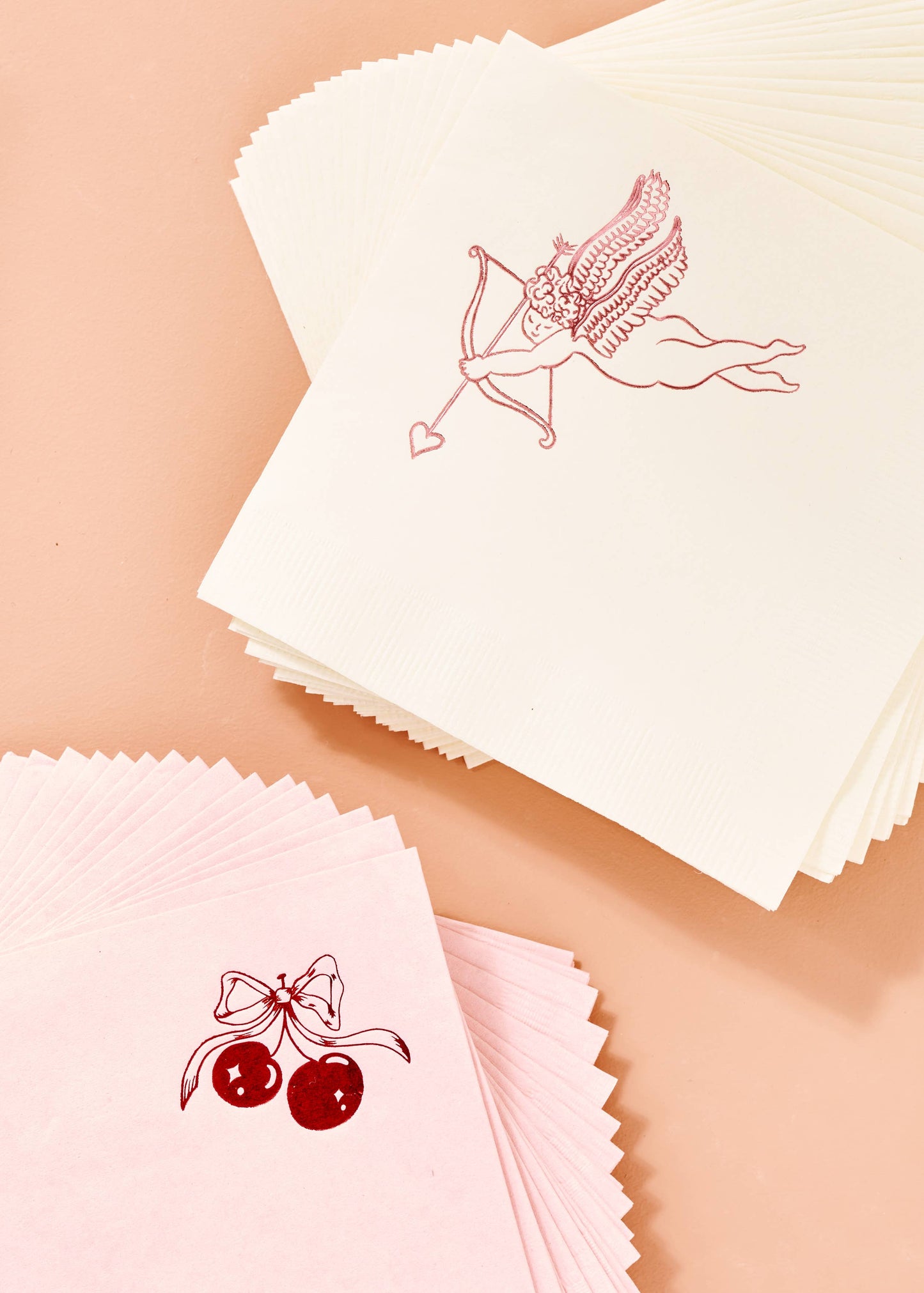 Red Cherries with Bow On Pink Napkin - Set of 20